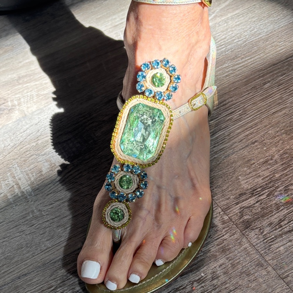 Rene Caovilla Green and Blue Embellished Sandals